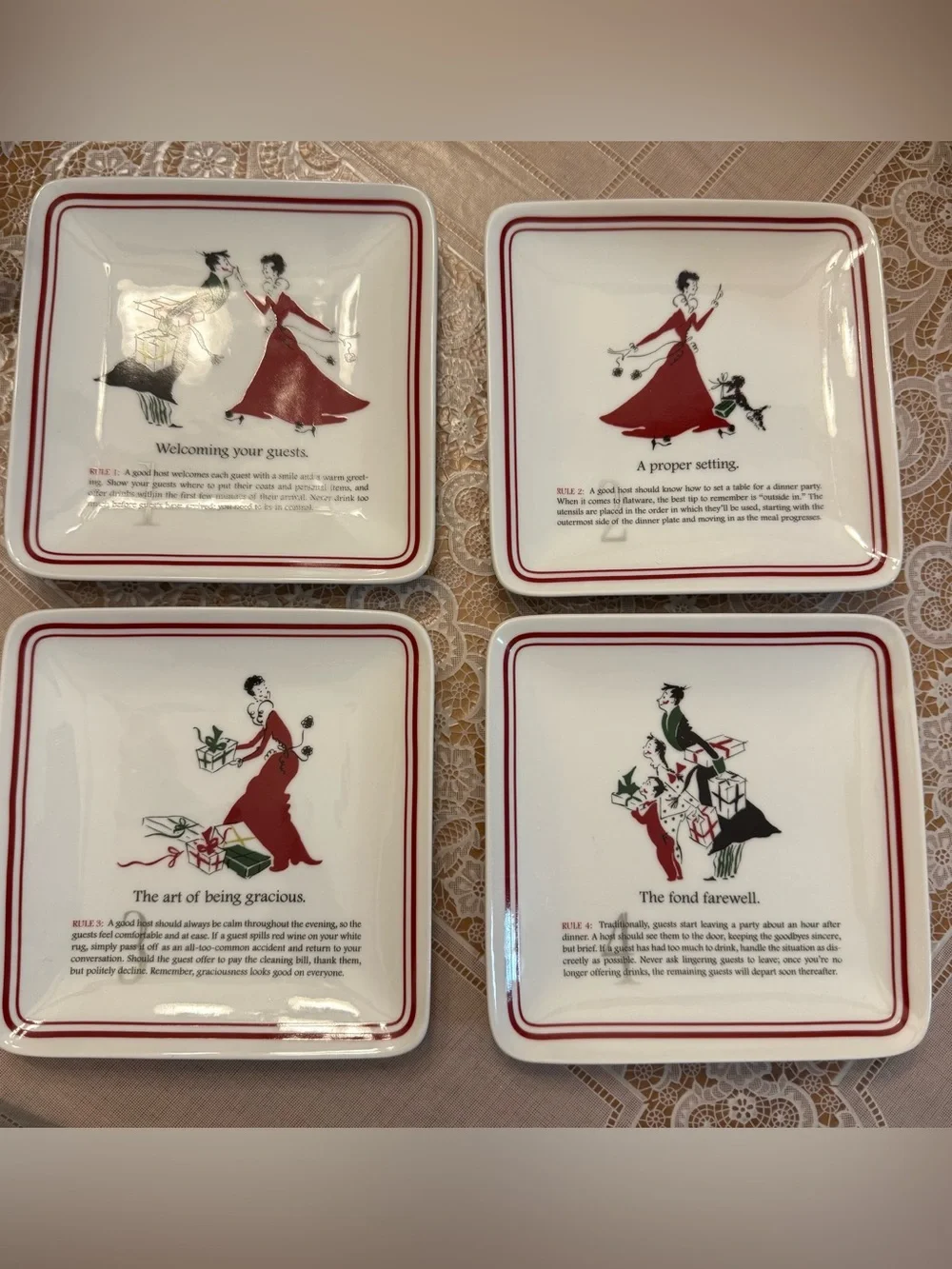 WILLIAMS SONOMA Plates Appetizer Dessert Etiquette Hostess Rules  Set of 4